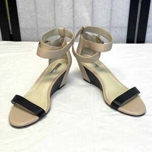 BCBGeneration Low Wedge Ankle Wrap Strap Leather Upper Vivian Sandal Blush Black